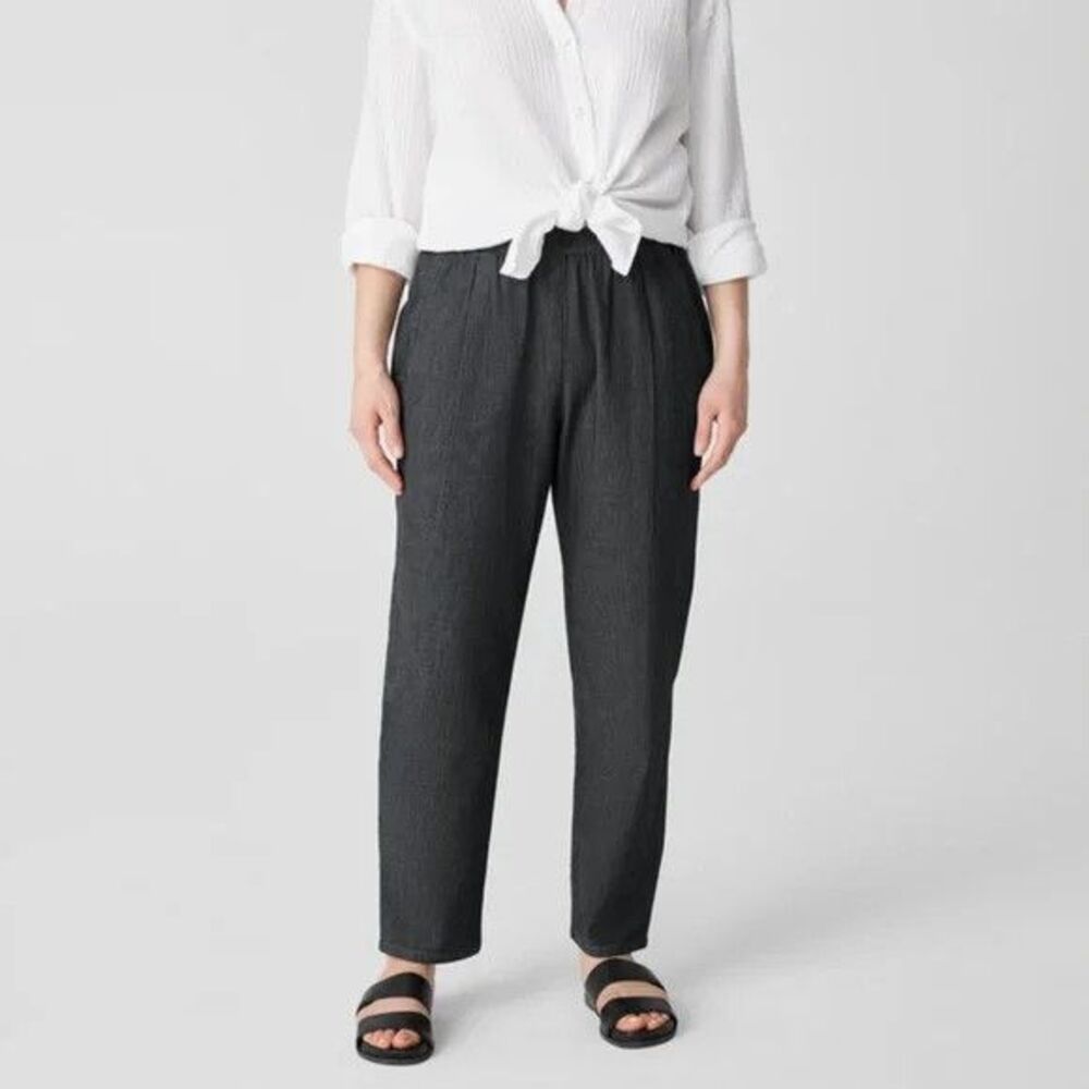 Eileen Fisher Airy Organic Cotton Twill Tapered Leg Pull On Pants Size XL Black